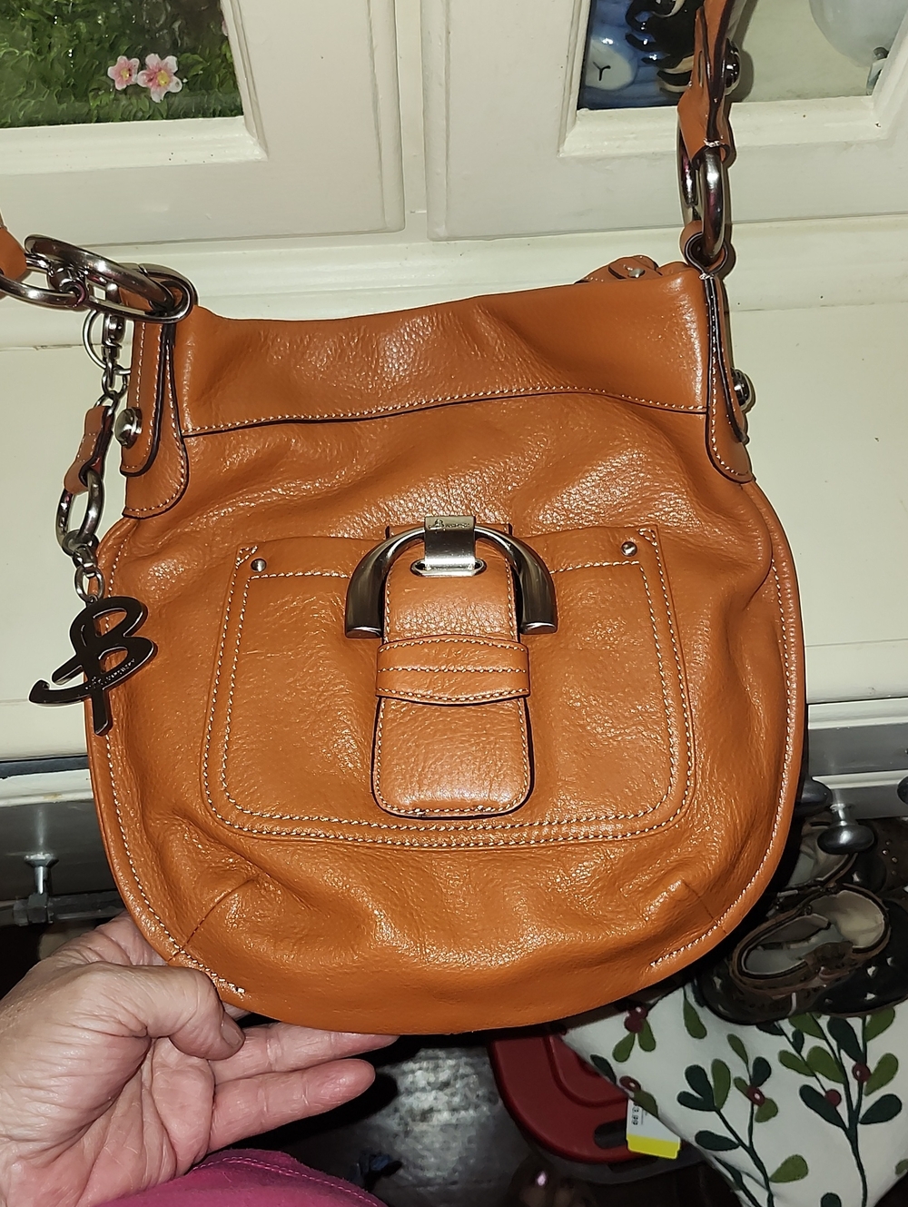 B. MAKOWSKI Orange Leather Shoulder Bag with Buckle Accent